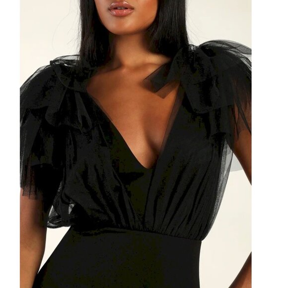 Lulus Fabulous Fun Black Tulle Flutter Sleeve Mermaid Maxi Dress Size Small NWOT - Picture 3 of 7